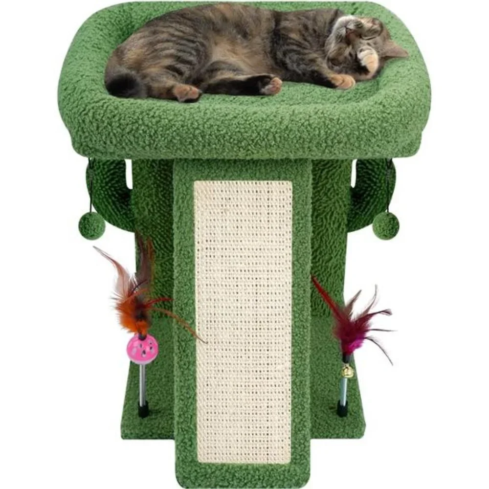 Cactus Cat Tree Tower with Cat Scratching Post with Playful Toy Balls, Green
